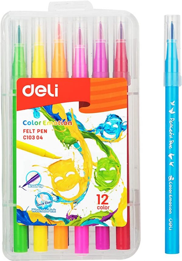 Deli Soft Drawing Emotion Colour Felt Pen 12-Pieces, Multicolor