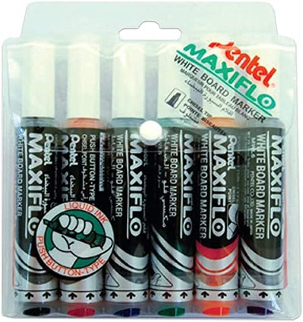 Pentel Maxiflo Medium Chisel Tip White Board Marker 6-Pieces, Multicolour