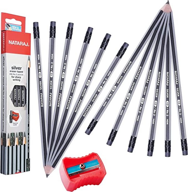 Nataraj Silver HB Pencils with Rubber and Sharpener 12-Pieces