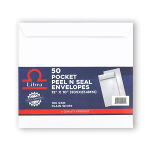 Libra A4 White Envelopes, 12×10 – 100GSM (Peel & Seal 250 Pieces Box)